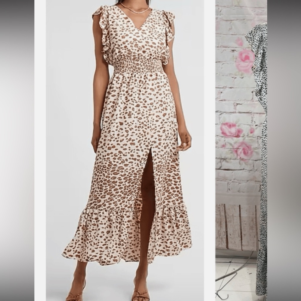 Express XXS Black and White Dot or Spotted Ruffle Maxi Dress